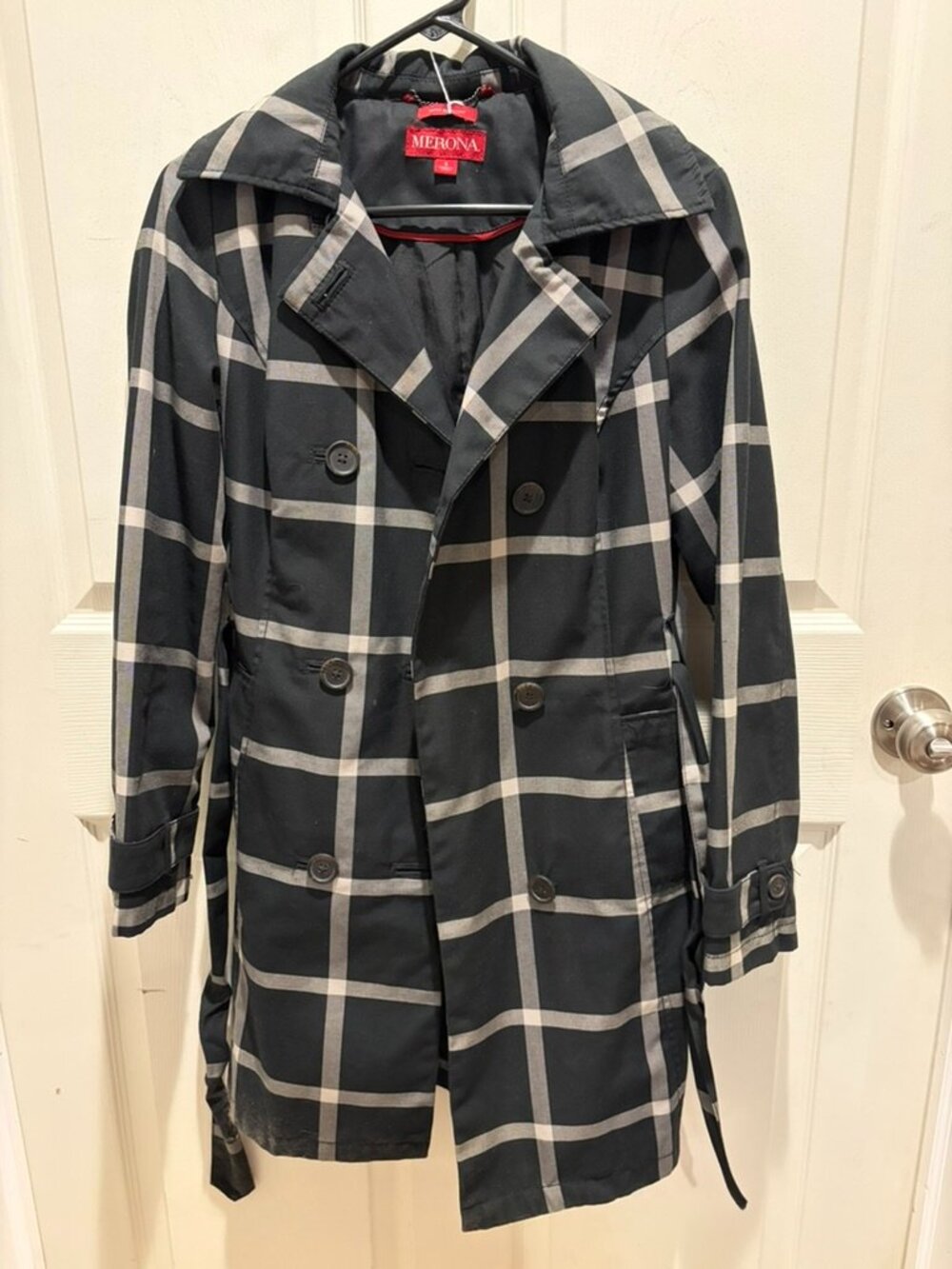 Preppy Women's Merona Black and White Plaid Belted Trench Coat Sz Small